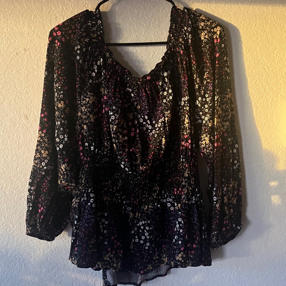 No Boundaries 100% Rayon Black Floral Rouched Waist Peasant Blouse Top women XXL - Picture 14 of 17